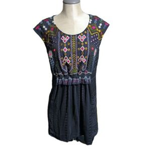 Anthropologie One September Barranco Embroidered Tunic Navy Boho Geo Cottage - L